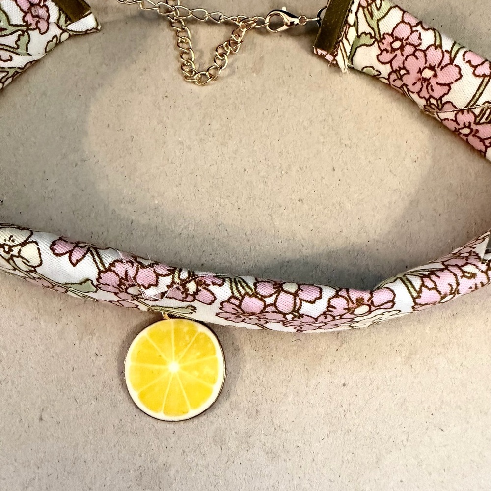 Floral Pink Fabric Choker with Yellow Lemon Pendant